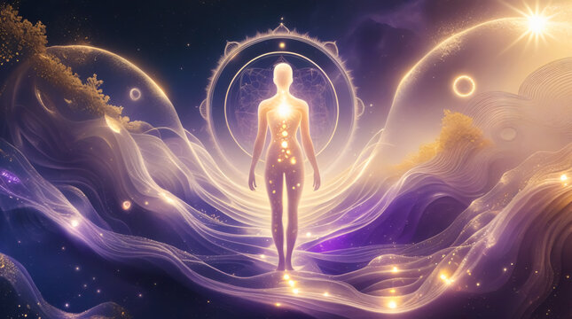Silhouette of a human figure, fractal patterns, cosmic light rays, purple tone. Chakras. Enlightenment, transformation, spiritual awakening. Sci-fi, spirituality, futuristic, meditation, metaphysic