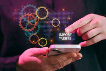 Understanding import tariffs through smartphone while viewing world map and gears in colorful design