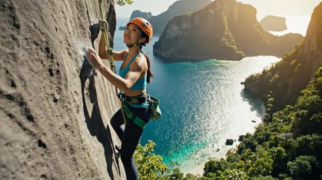 Climber in helmet and harness ascends a rugged cliff above turquoise sea and lush valley. at sunset