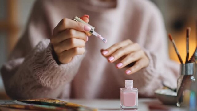 Casual scene of a person painting nails with a nontoxic formulation focusing on safe gentle ingredients ideal for sensitive skin.