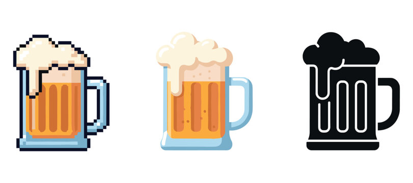 Pixelated, cartoon, and silhouette beer mug designs with foam