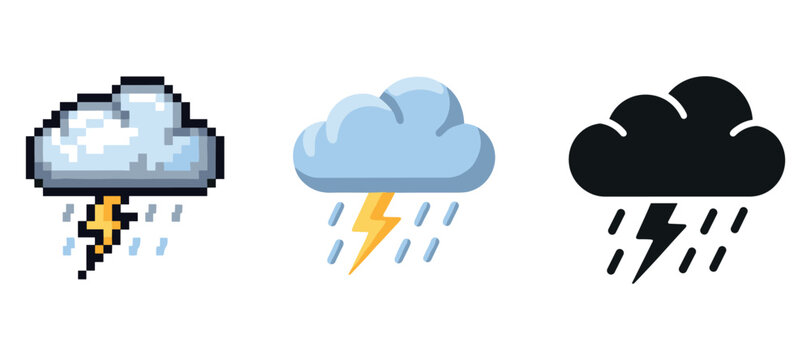 Pixelated and flat design thunderstorm cloud icons with lightning and rain