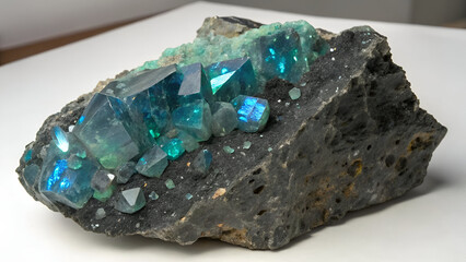 Blue Green Crystal Mineral Specimen Embedded in Dark Rock