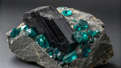 Blue Green Crystal Mineral Specimen Embedded in Dark Rock