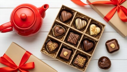 Overhead view of assorted chocolates in a box with gifts and a red teapot on a white wooden table with a warm and inviting mood.