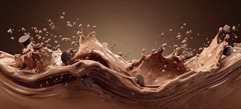 Liquid chocolate with chocolate chips splashing against a brown gradient background