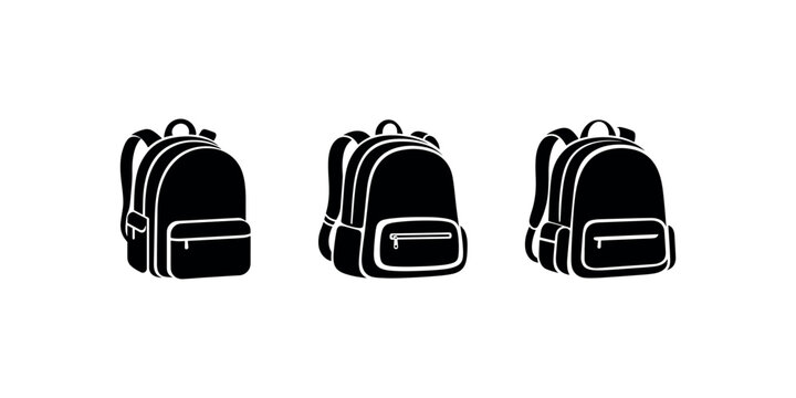 Three black silhouette backpacks icons different shapes and compartment styles vector set