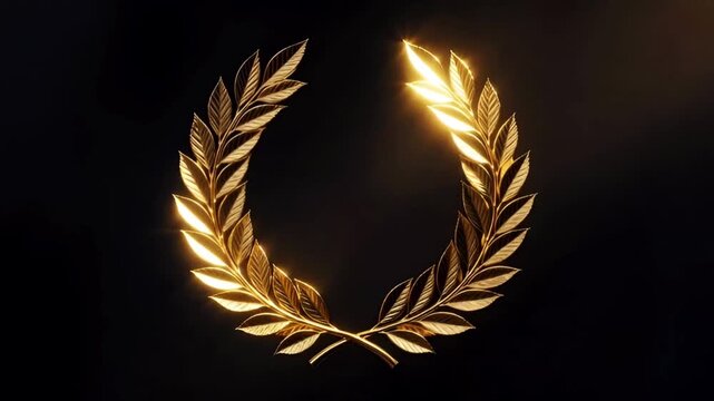 Animation gold laurel wreath with ribbon frame on black background.	

