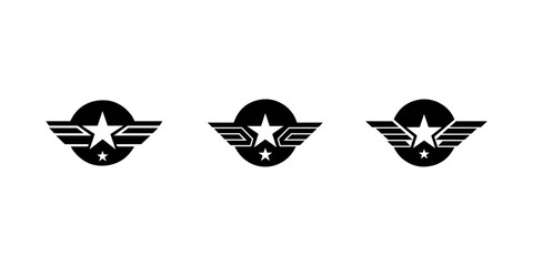 Aviation military wings with star emblems in circular shield vector silhouette icon set © MstPoliAkther