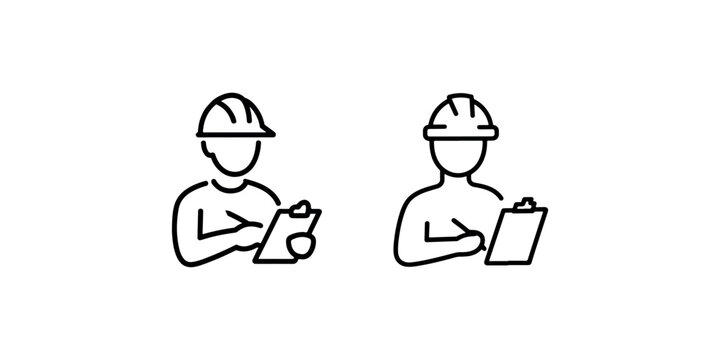 Industrial worker wearing hard hat holding clipboard vector icon set for site management