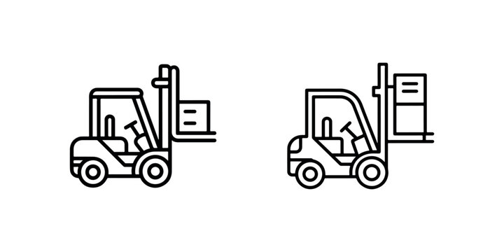 Forklift truck lifting cargo box outline vector icon set for logistics and warehouse use