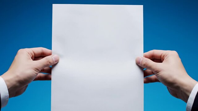 Cinematic close up of human hands holding a blank white A4 letter size paper sheet, minimalist stationery mock up for creative design presentation in slow motion.