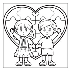 Cute Kids Couple Valentine's Day Coloring Page Vector Illustration featuring Happy Boy and Girl, Hearts, Gifts, and Romantic Scenes for Children Activity Book