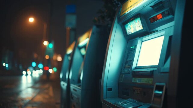 Atms on a city street at night with blurred background lights