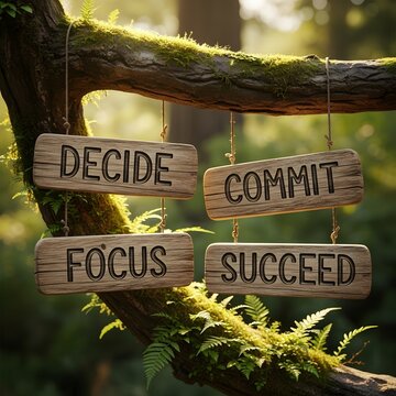 Wooden motivational signs hanging on a tree branch in forest decide commit focus succeed.