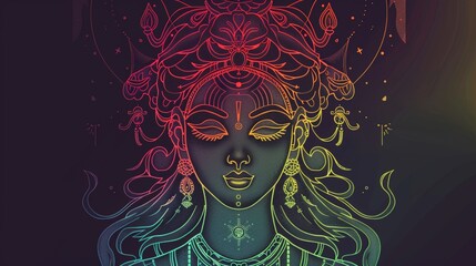 This artwork features a digital illustration of a serene, divine female figure with multiple layers of ornate headdress and jewelry, set against a dark, starry background illuminated by subtle neon