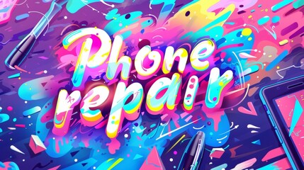 The image displays a colorful and dynamic graphic with the words "Phone Repair" in bold, stylized 3D lettering at the center, surrounded by an artistic splash of neon colors and shapes, with