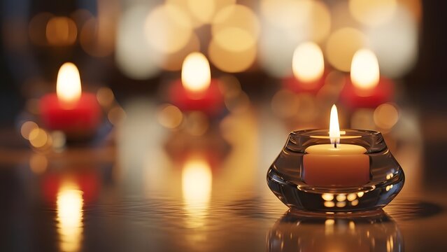 Serene glow of a lit candle in a clear glass holder against a soft bokeh background - Powered by Adobe