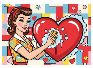 Beautiful woman washes a red heart. Valentines day. Pop art retro illustration vintage kitsch 50s 60s style.