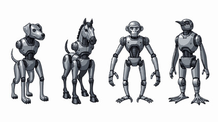 Obraz premium Four detailed robotic animal figures including a dog, horse, monkey, and penguin, standing on a white background.