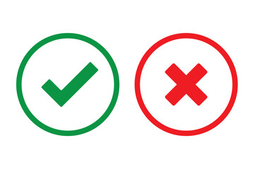 Right and wrong vector icon set rounded color black outline, flat rounded check mark, cross, x mark, circle shape 