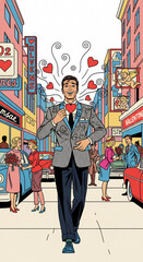 A man in love walks down the street. Valentines Day. Pop art retro illustration vintage kitsch 50s 60s style.