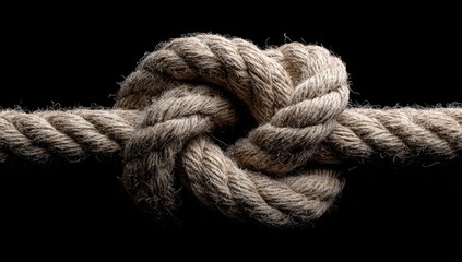 Close-up of a tightly tied rope knot against a solid black background