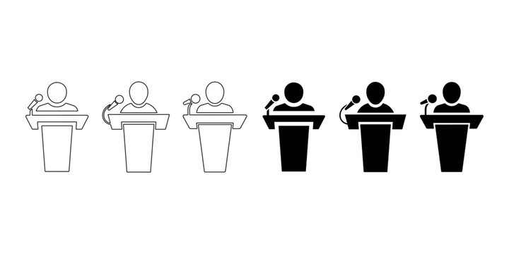 Speaker man behind the podium with microphone vector icon set, orator public speaking