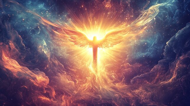 A bright yellow angel is flying through a colorful sky. The sky is filled with clouds and stars, creating a dreamy and ethereal atmosphere. Concept of hope and spirituality