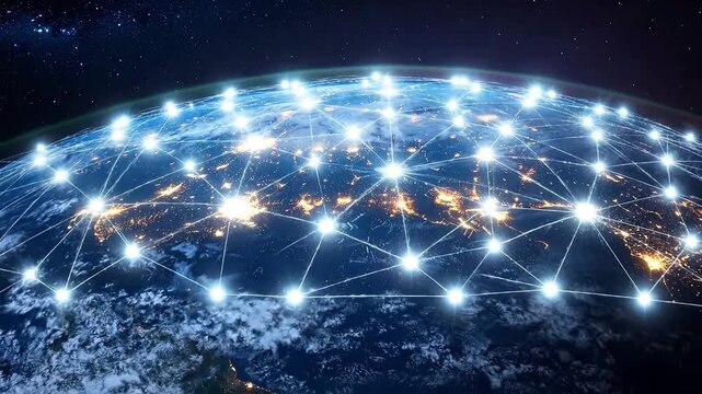 Global network connecting the world with glowing nodes and interconnected communication lines.