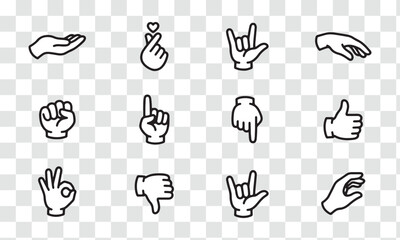 Fototapeta premium Outline Hand Gesture Icon Set Thumbs Up, Fist, OK, Finger Heart. Vector for Communication and Interaction
