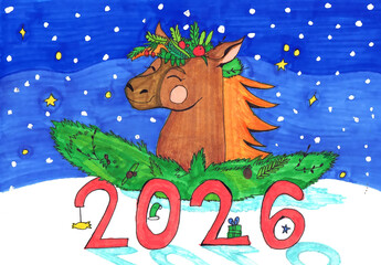 A cheerful horse sits in the snow. 2026. Happy New Year! Children's drawing