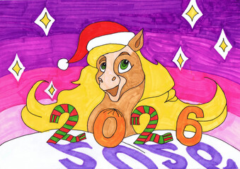 A horse in a Santa Claus hat. 2026. Happy New Year! Children's drawing