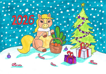 A horse sits in the snow near a Christmas tree with gifts. 2026. Happy New Year! Children's drawing