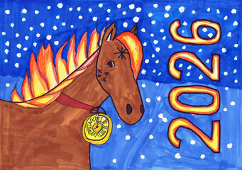 Horse with a watch around his neck and the inscription 2026. Happy New Year! Children's drawing