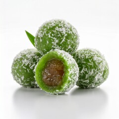 Product photo of Indonesian klepon dessert, cut open with melted palm sugar filling, clean studio background.