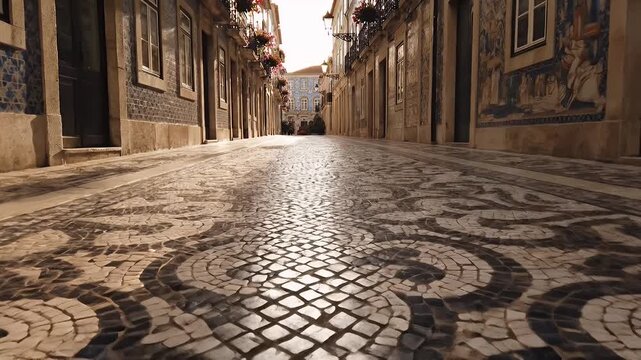 Charming street view of an old European city with traditional mosaic pavement and architecture