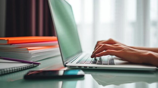 Person typing on laptop with notebooks and phone nearby on desk.