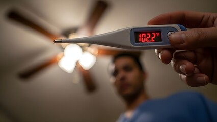 Person suffering from sickness holding thermometer showing high fever in indoor setting