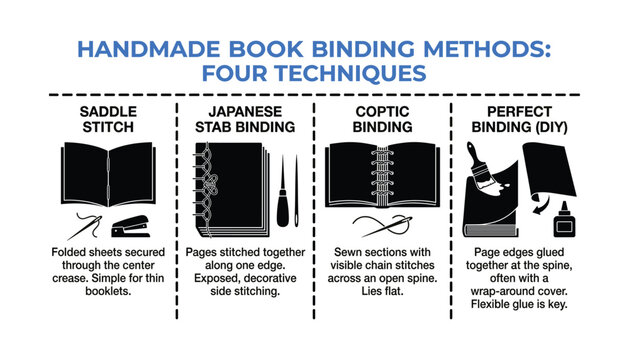 Handmade book binding methods with techniques and diy styles including stab stitch vector