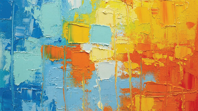 Abstract expressionism painting with bold strokes of blue, yellow, and orange hues