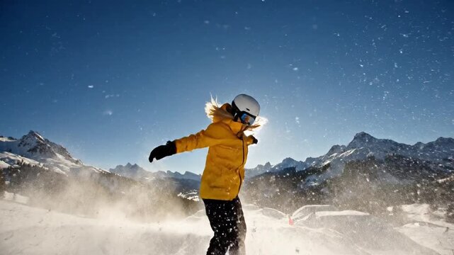 Snowboarder in a yellow jacket soars airborne over powder on the sunlit alpine slope, radiant spray