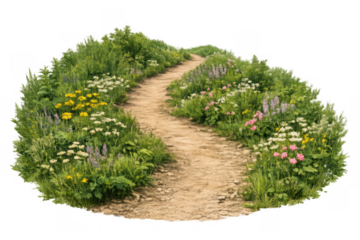 Winding dirt path through vibrant summer wildflowers and green grass, creating a scenic route on transparent background