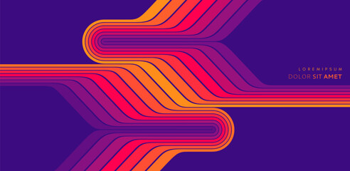 Two elements from a set of colored lines are directed towards each other. Space for text. Retro style. Dynamic ribbons. Color gradient. Vector for brochure, poster, cover, presentation, flyer, banner.