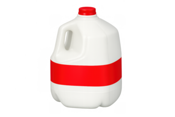 White plastic gallon jug with red label and cap for milk or beverage on transparent background