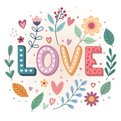 Decorative LOVE Typography with Floral and Heart Motifs-A cheerful and romantic design ideal for Valentine&rsquo;s Day, posters, or festive templates