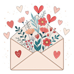 Romantic Floral Envelope with Hearts and Leaves-A whimsical beige envelope filled with colorful flowers and heart shapes, surrounded by floating hearts and dots