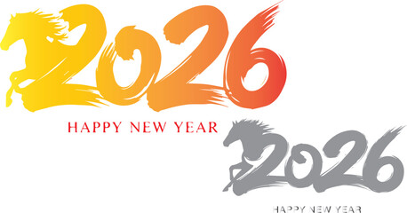 Obraz premium Vibrant brushstroke style graphic design showcasing the year 2026 with leaping horse elements celebrating the upcoming new year on transparent background