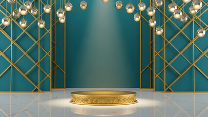 Luxurious gold podium with teal background and crystal chandeliers