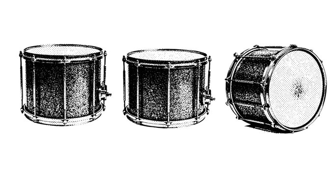 Vintage black and white snare drums in three different views